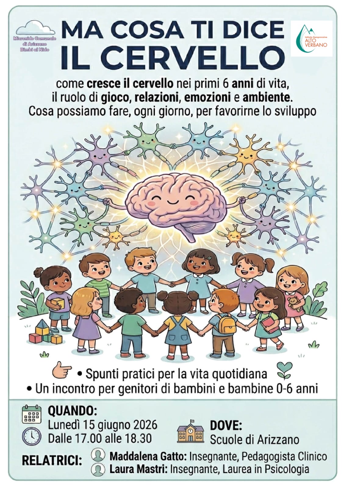 Disegno di bambini in circolo sotto un cervello sorridente