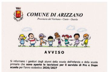 Testo avviso con carta intestata comune di Arizzano e in alto disegno colorato di bambini che si tengono per mano