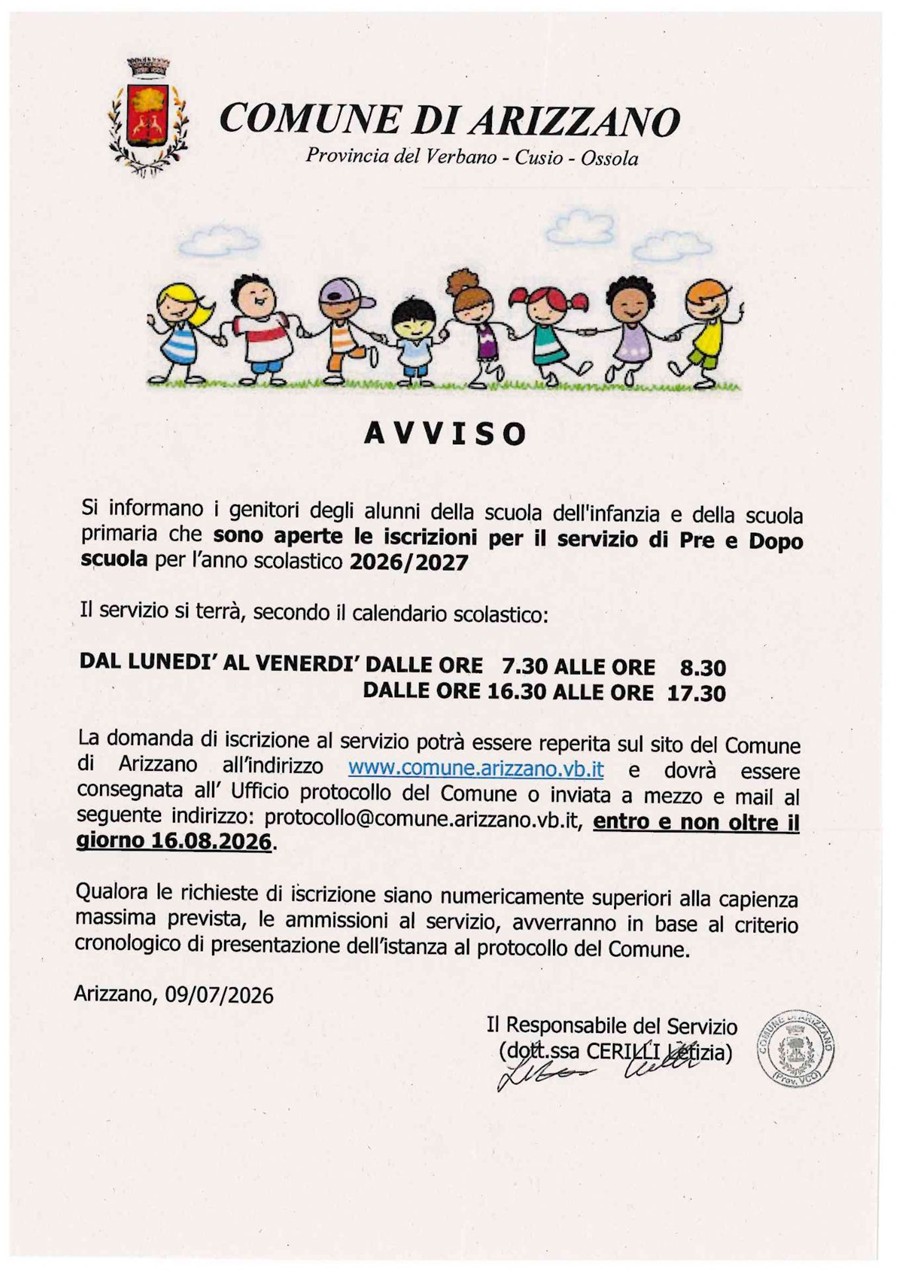 Testo avviso con carta intestata comune di Arizzano e in alto disegno colorato di bambini che si tengono per mano