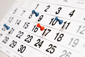 calendario con puntine di colore blu e rosso fissate su date