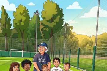 foto stile cartone animato con allenatore e 5 bambini e bambine