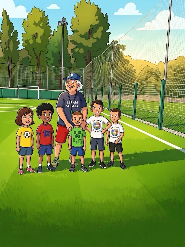 foto stile cartone animato con allenatore e 5 bambini e bambine
