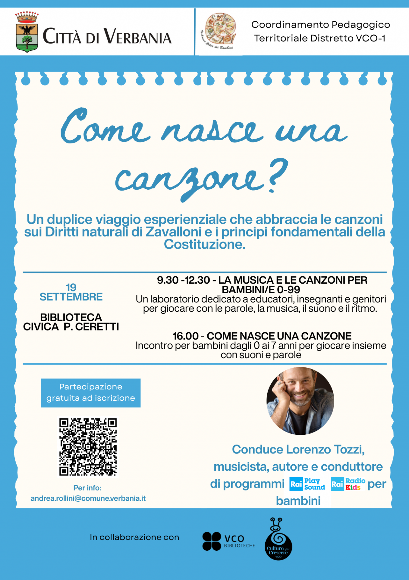 stile block notes con scritto quanto indicato in descrizione oltre al qr code della prenotazione per l'evento e la foto di Lorenzo Tozzi